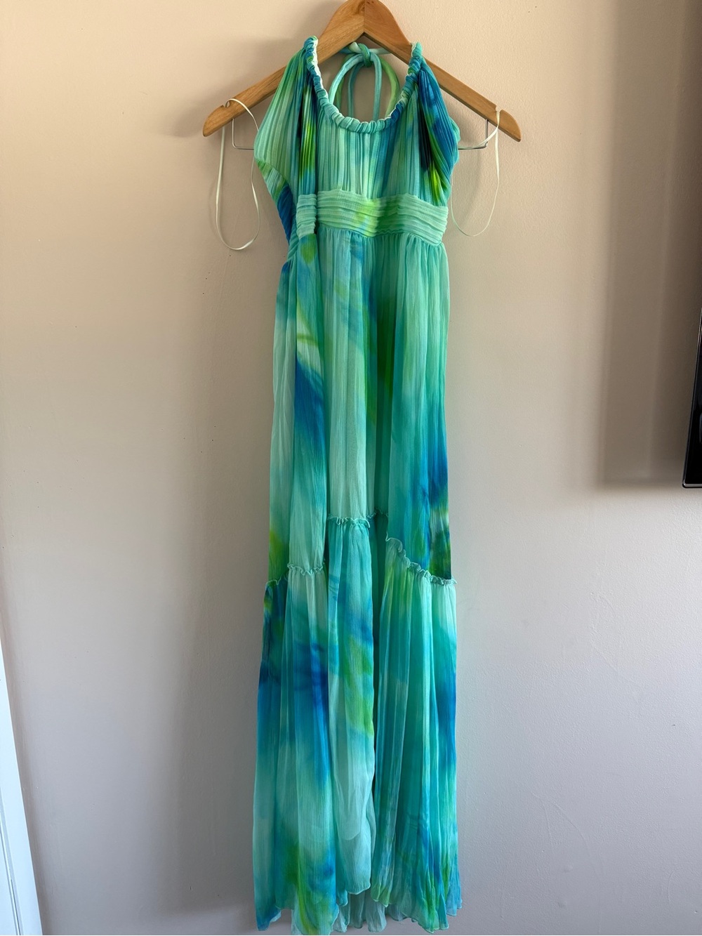 Mango Aqua Green Tie-Dye Halter Maxi Dress